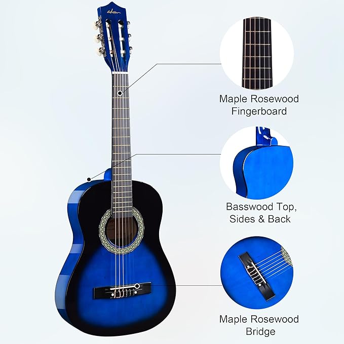 ADM Beginner Acoustic Classical Guitar Nylon Strings Wooden Guitar Bundle Kit for Kid Boy Girl Student Youth Guitarra Online Lessons with Gig Bag, Strap, Tuner, Strings, Picks (34 Inch, Blueburst)-CubbioJoy