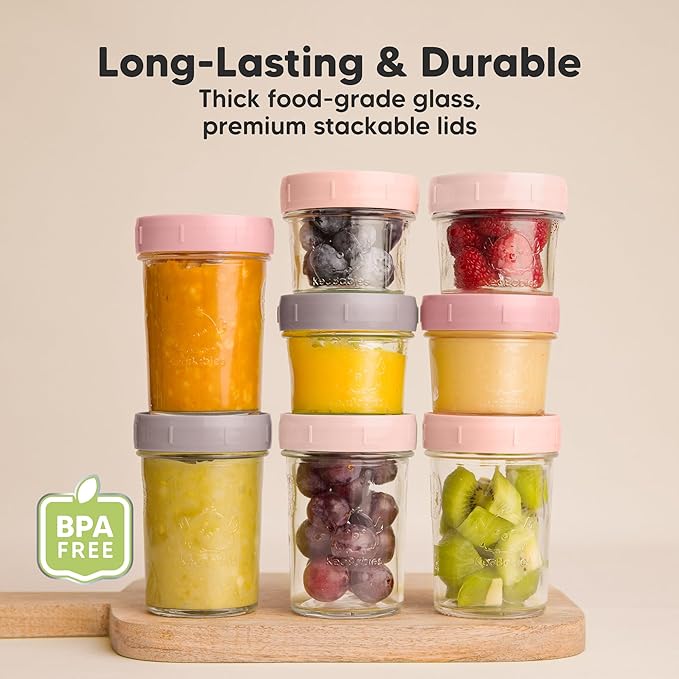 KeaBabies 4pk 8oz Glass Baby Food Containers with Lids - Leak-Proof, Microwavable Small Glass Jars, Baby Purees & Toddler Snack Storage Containers, BPA-Free, Dishwasher & Freezer Safe (Roseate)-CubbioJoy