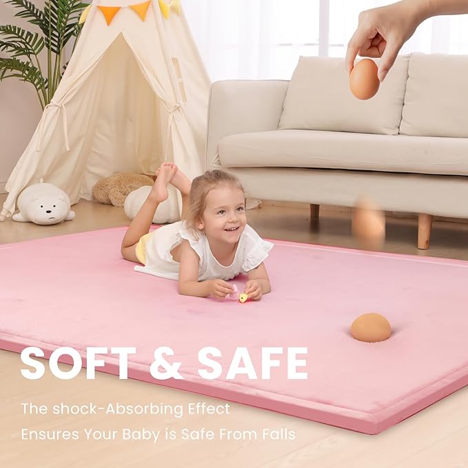 Baby Play Mat for Floor,1.3" Thick Memory Foam Tummy Time Mat for Toddlers,Infants,Kids,Soft Coral Velvet,Extra Large Non Slip for Crawling,Yoga,Tatami Style for Living Room(Pink)-CubbioJoy
