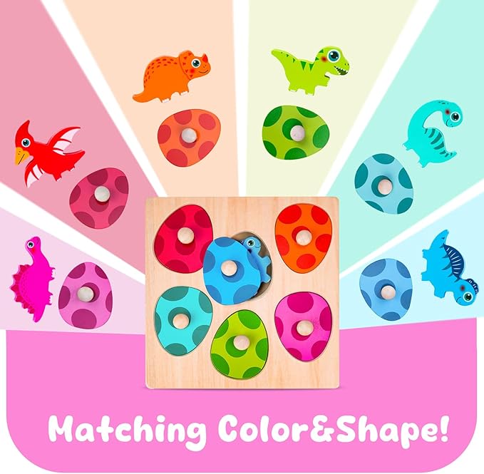Dinosaur Wooden Toddler Puzzle 1-3, Montessori Toys for 1 2 3 Year Old, Dinosaur Eggs Peg Puzzles, Kid Wooden Puzzles Ages 2-4, Dinosaur Toy for Toddler Kid, Preschool Education Learning Toys-CubbioJoy