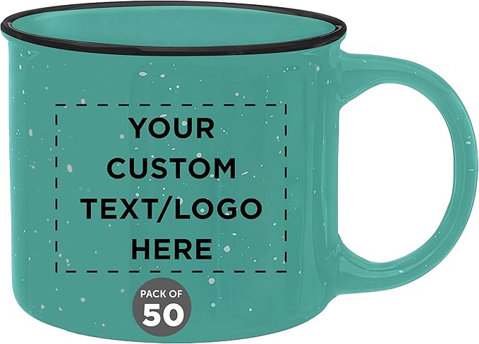 DISCOUNT PROMOS Custom Ceramic Campfire Coffee Mugs 13 oz. Set of 50, Personalized Bulk Pack - Perfect for Tea, Espresso, Cappuccino, Hot Cocoa - Mint-CubbioJoy