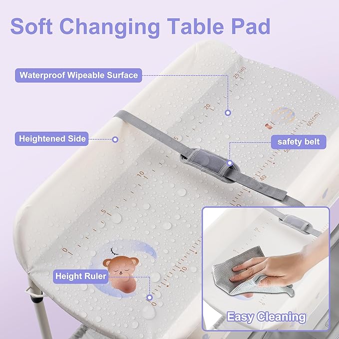 2-in-1 Baby Bathtub with Changing Table, Foldable Diaper Changing Station with 4 Wheels, Waterproof Pad, Storage Rack and Baby Bath Tub, Adjustable Height Portable Nursery Organizer for Newborn Infant-CubbioJoy