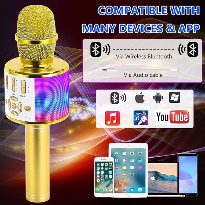 Amazmic Kids Karaoke Microphone Machine Toy Bluetooth Microphone Portable Wireless Karaoke Machine Handheld with LED Lights, Gift for Children Adults Birthday Party, Home KTV(Gold)-CubbioJoy