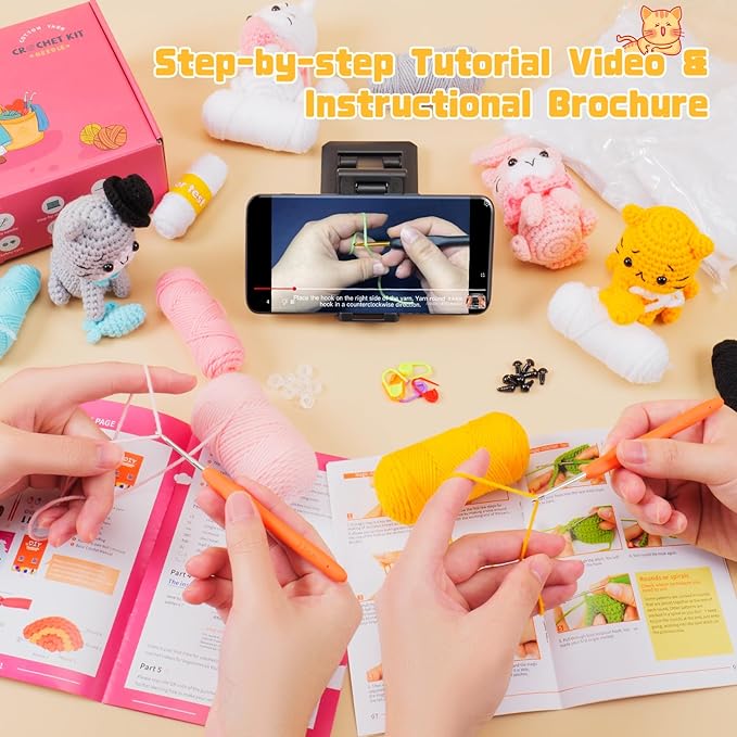 Crochet Kit for Beginners - Cat Crochet Kit with Step-by-Step Video Tutorials, Learn to Crochet Kits for Adults and Kids, 4 PCS Crochet Animals Cat with Hat, Toy, Fish Crocheting Set-CubbioJoy