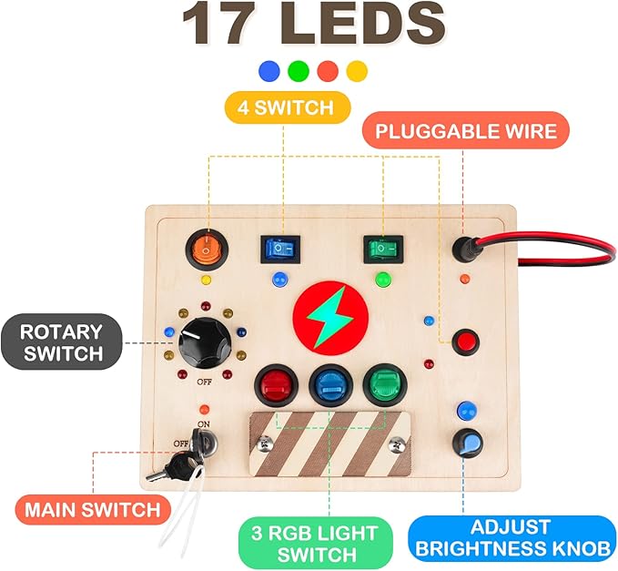 Joyreal Montessori Busy Board Wooden Sensory Toys for Toddler with LED Light Up Switch, Baby Fidget Board Travel Toys for 18+ Months, 1 2 3 Year Old Boys Girls Toddler Toy Gifts (Mixed Lights)-CubbioJoy