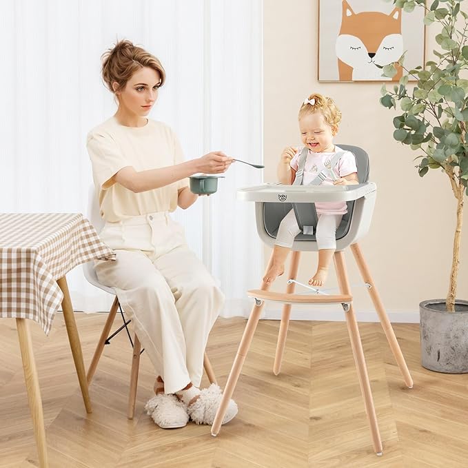 BABY JOY Convertible Baby High Chair, 3 in 1 Wooden Highchair/Booster/Chair with Removable Tray, Adjustable Legs, 5-Point Harness, PU Cushion and Footrest for Baby, Infants, Toddlers (Gray)-CubbioJoy