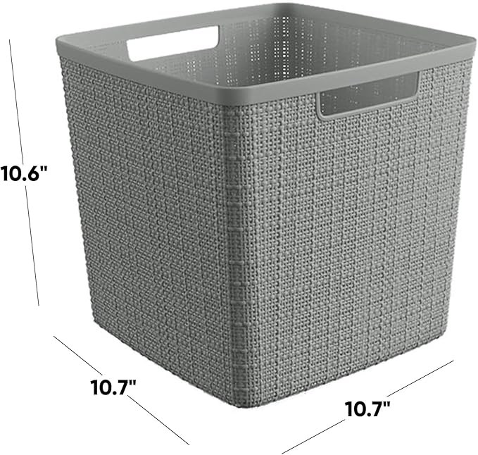 Curver Set of 4 Jute Large Cube Decorative Plastic Organization and Storage Baskets, Perfect Bins for Home Office, Closet Shelves, Kitchen Pantry and All Bedroom Essentials, Grey-CubbioJoy