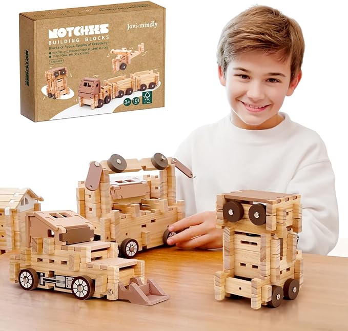 Jovi-mindly＆Notchies Wooden Blocks Train Set 101 PCS Create 40+ Shapes,Toys Educational Wooden Building Blocks Puzzles for Kids Ages 5-8 Boys and Girls,Truck/Excavator,FSC Certified,Graduate Gifts-CubbioJoy