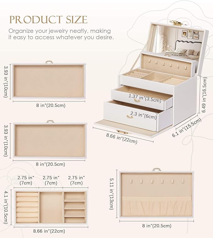 Jewelry Box with Lock for Girls: Jewelry Organizer for Dresser - 3-Drawer Earrings Storage Girls Women Gift (White)-CubbioJoy