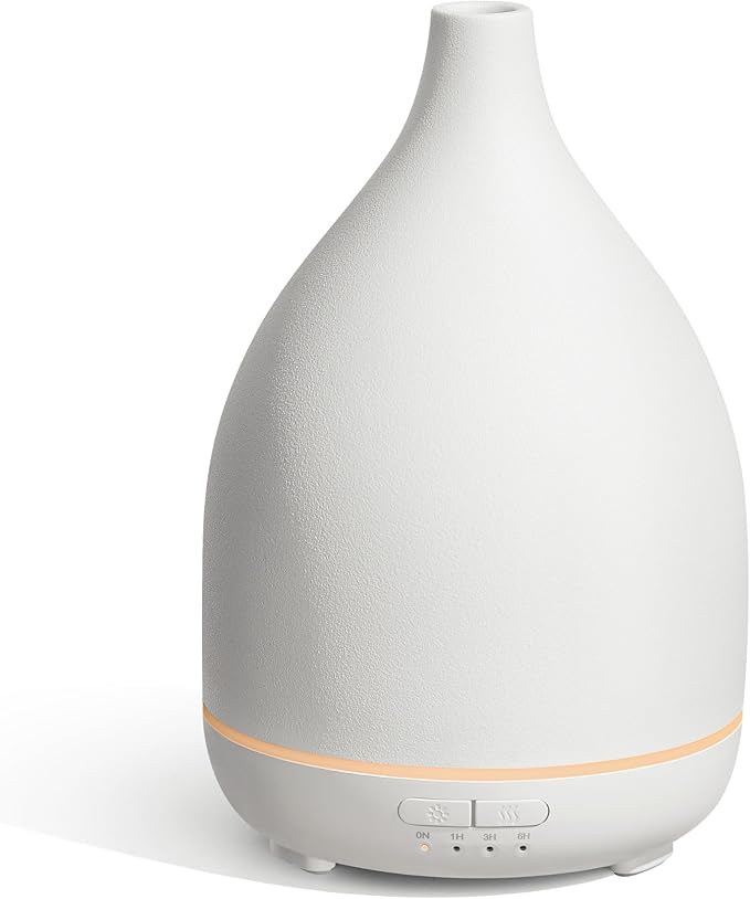 InnoGear Oil Diffuser, 300ML Ceramic Diffuser for Essential Oils Handcrafted Aromatherapy Diffuser Ultrasonic Cool Mist Humidifier with 4 Timers Waterless Auto Off for Room Office, White Base-CubbioJoy