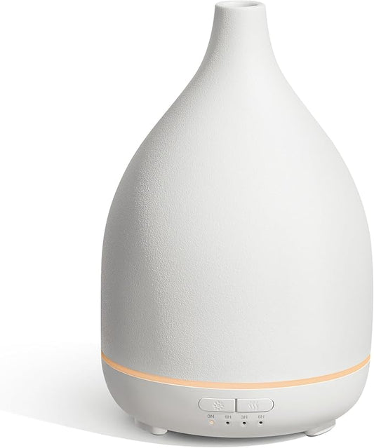 InnoGear Oil Diffuser, 300ML Ceramic Diffuser for Essential Oils Handcrafted Aromatherapy Diffuser Ultrasonic Cool Mist Humidifier with 4 Timers Waterless Auto Off for Room Office, White Base-CubbioJoy