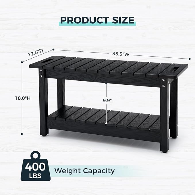 35" Shower Bench, Waterproof Poly Lumber Shower Stool for Shaving Legs, Shower Chair Seat Holds up to 400lbs, Bathroom Bench for Inside Shower, Non-Slip (Black)-CubbioJoy