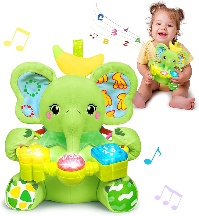 Baby Elephant Musical Stuffed Animals Toy with Light-Up Music & Crinkle Sound Paper,Infant Bilingual Early Learning Education Toys,Tummy Time Toys for 0-3-6-12+ Months Boy Girl, Green-CubbioJoy