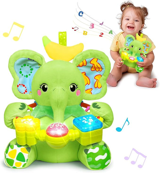 Baby Elephant Musical Stuffed Animals Toy with Light-Up Music & Crinkle Sound Paper,Infant Bilingual Early Learning Education Toys,Tummy Time Toys for 0-3-6-12+ Months Boy Girl, Green-CubbioJoy