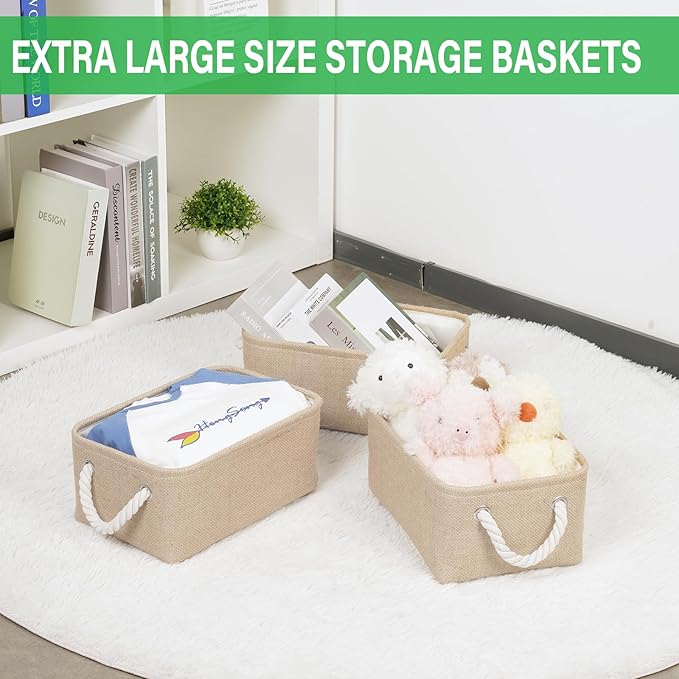 Bidtakay Small Storage Baskets for Shelves 3 Pack Fabric Storage Bins for Organizing Linen Collapsible Organizer for Closet-Flaxen-CubbioJoy