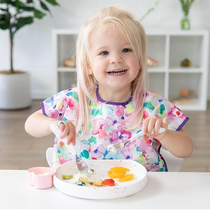 Bumkins Toddler Utensils, Kids Size Fork and Spoon Set, Silicone and Stainless-Steel Training Silverware, Angled Forks/Sporks Feeding, Children Hold Learning to Eat, 18 Mos Up, Vanilla Sprinkles-CubbioJoy