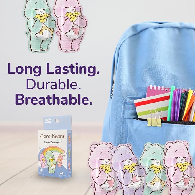 BioSwiss Care Bears Bandages, Baby Care Bear Shaped Self Adhesive Bandage, Latex Free Sterile Wound Care, Fun First Aid Kit Supplies for Kids, 24 Count-CubbioJoy