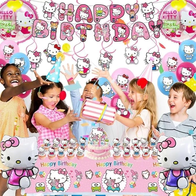 49Pcs - Kitty Birthday Party Decorations Set, Pink Theme with Banner, Balloons, Tablecloth, Cake Toppers.-CubbioJoy
