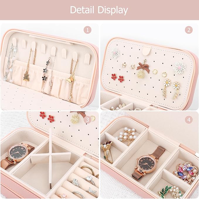 DesignSter Small Travel Jewelry Box with Double Zipper, 2 Layers PU Portable Jewelry Case for Women and Girls,Travel Jewelry Organizer for Rings, Earrings, Necklaces, Bracelets,Pink-CubbioJoy