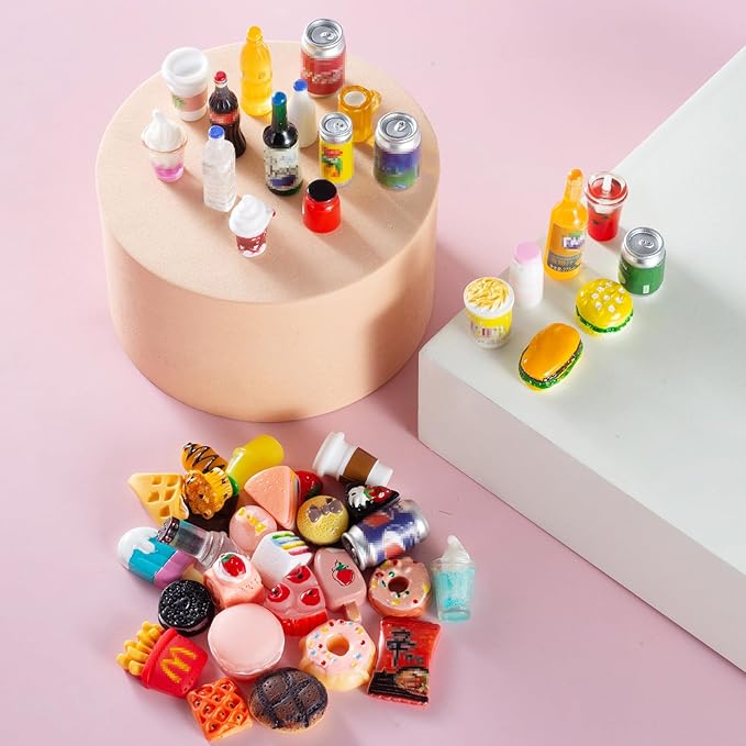 50 Pcs Miniature Food Drink Bottles Soda Pop Cans Pretend Play Kitchen Game Party Accessories Toys Hamburg Cake Ice Cream for 1/12 Doll House (25Food+25Drink)-CubbioJoy