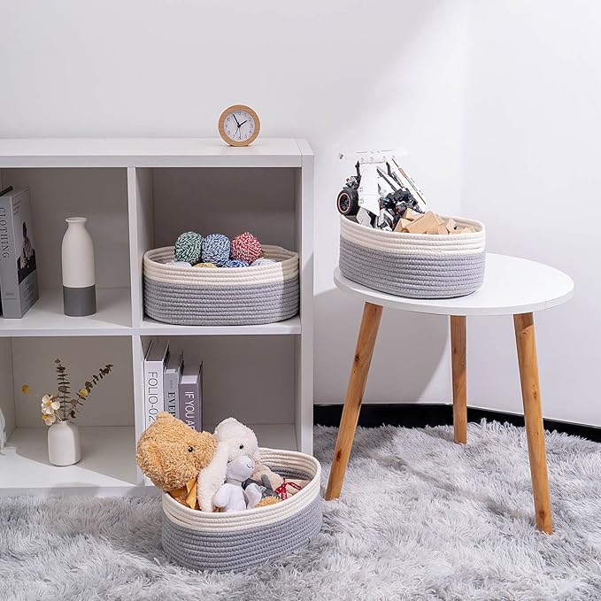 Baskets for Shelf Storage Cute Basket to Store and Organize Household Items/Woven Rope Basket for Living Room, Bedroom,Playroom/Durable Small Oval-13x8.66x5.11’’,3 Packs Off White&Gray-CubbioJoy