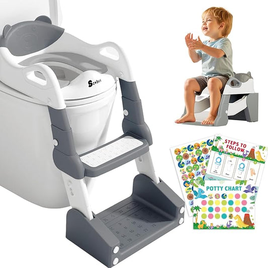 3-in-1 Potty Training Toilet, Toddler Toilet Seat with Step Stool, Foldable Potty Ladder with Potty Chart, PU Cushion, Splash Guard, Anti-Slip Steps & Urinal for Boys & Girls, Grey-CubbioJoy