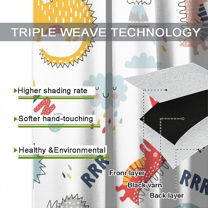 Cartoon Dinosaur Curtains for Kids Boys Girls Home Decor Colorful Cute Dino Animals Print Pattern Rod Pocket Blackout Window Drapes for Nursery Baby Bedroom Playroom W31.5xL72in 2 Panels-CubbioJoy