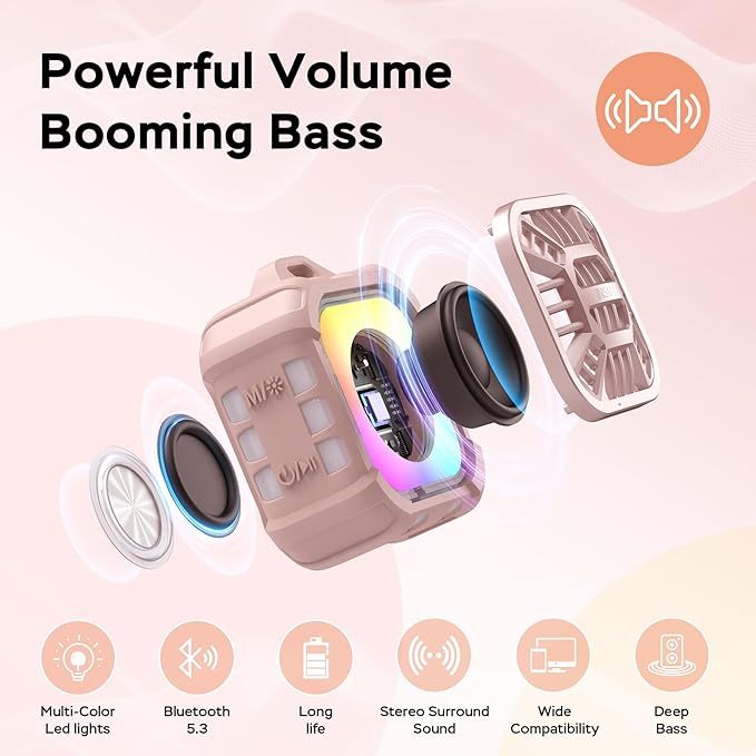 INSMY IP67 Waterproof Bluetooth Speaker, Shower Speaker Portable Small Clip-on, Multi Sync 100+ Speakers, Big Volume Booming Bass, 24H Playtime/Floatable/RGB Lights for Outdoor/Kayak/Beach(Pink)-CubbioJoy