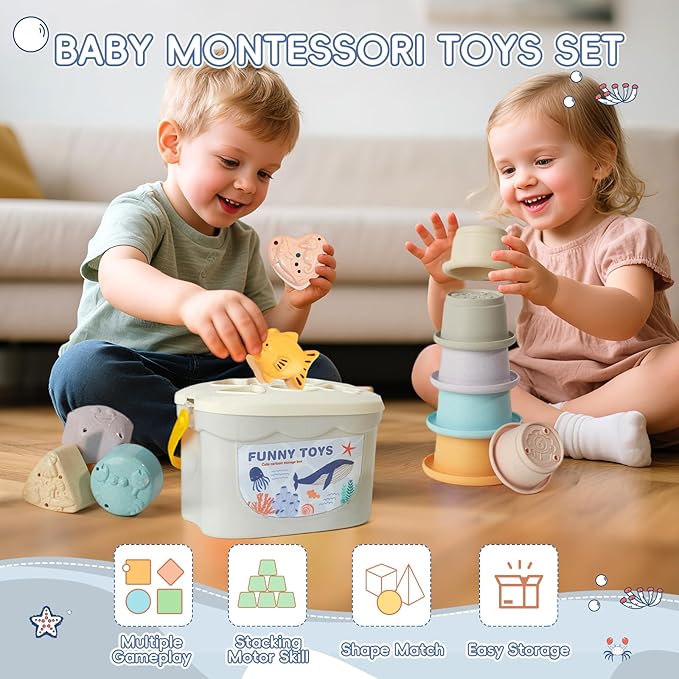 Bath Toys, 21PCS | Montessori Toys for Babies with Shapes for Sorting Play & Stacking Cups | Bath Boats & Spoon with Storage Container | Educational & Mold Free Bathtub Water Toys for Toddler Gifts-CubbioJoy