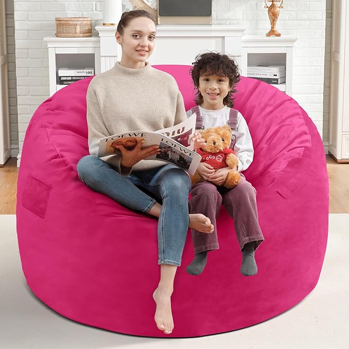 3FT Bean Bag Chair, Comfy Bean Bag Chairs with Memory Foam Filled, Fluffy Beanbag Sofa with Dutch Velvet Cover, Round BeanBag Chairs for Living Room, Playroom - Pink-CubbioJoy