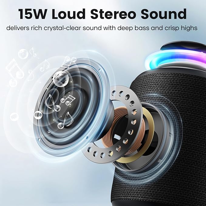 Bluetooth Speaker Wireless,IP67 Waterproof & Dustproof Portable Speaker with Lights,15W Loud Stereo Sound, 2500mAh Battery All Day Playtime, TWS Pairing, BT5.3, Home/Party/Outdoor/Beach (Black)-CubbioJoy