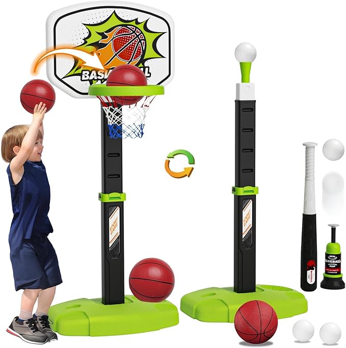 3 in 1 Toddler Basketball Hoop and Tee Ball Set for Boys: Kids Baseball Tee with Automatic Pitching Machine Adjustable Height Indoor and Outdoor Sports Toys Christmas Birthday Gifts for Boy Age 3-12-CubbioJoy