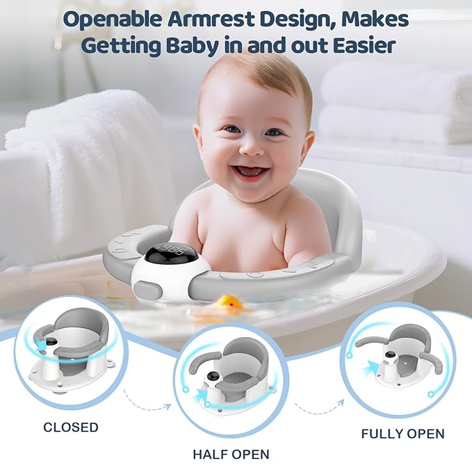 Baby Bath Seat-for Babies 6 Months & up, Water Temperature Display+Soft Cushion, Non-Slip Toddler Bath Seat for Baby, Sit Up Bath Seat for Baby, Grey-CubbioJoy