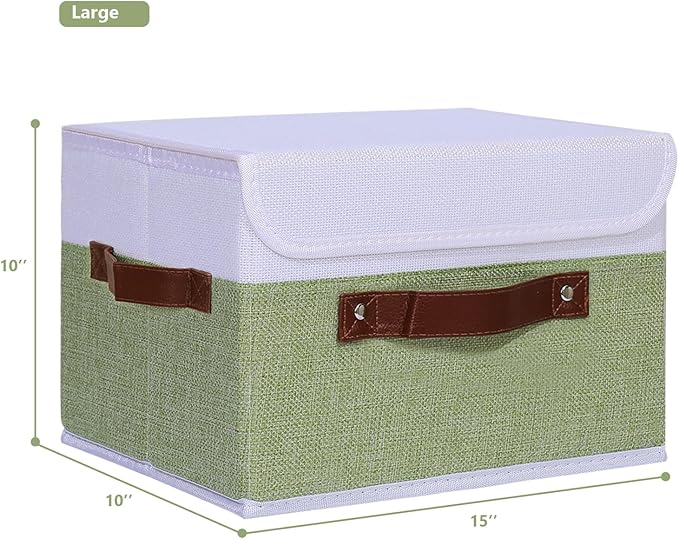 ANMINY 4PCS Storage Boxes with Lid Washable Decorative Storage Bins Basket with PU Leather Handle Foldable Linen Fabric Storage Cubes Containers for Home Closet Organizer - Green White, Large Size-CubbioJoy