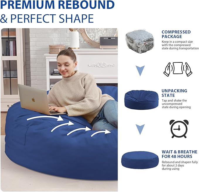 7FT Bean Bag Chair, Large Bean Bag Chairs with Memory Foam Filled, Fluffy Beanbag Sofa with Dutch Velvet Cover, Round BeanBag Chairs for Living Room, Playroom - Blue-CubbioJoy