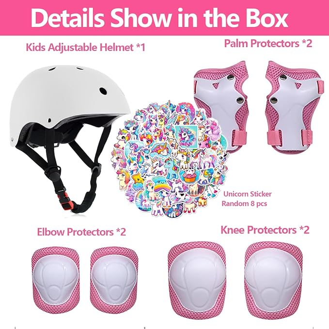 Kids Bike Helmet with Knee Elbow Wrist Pads Guards,Pink,for Ages 2-3-5-8-14,Sports Bicycle,Skate Scooter,Rollerblading with Unicorn Sticker-CubbioJoy