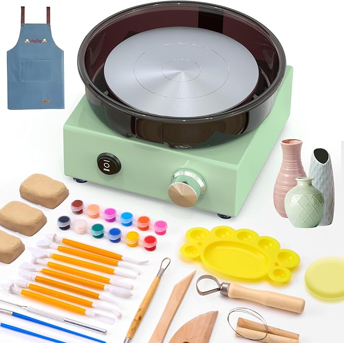 Alldeer Mini Pottery Wheel Kit - 6" Turntable Two-Way Rotation Clay Wheel, Metal Frame, Removable Splash Tray Ceramic Making Kit with 18PCS Sculpting Tools, Pottery DIY Machine for Kids and Beginners-CubbioJoy