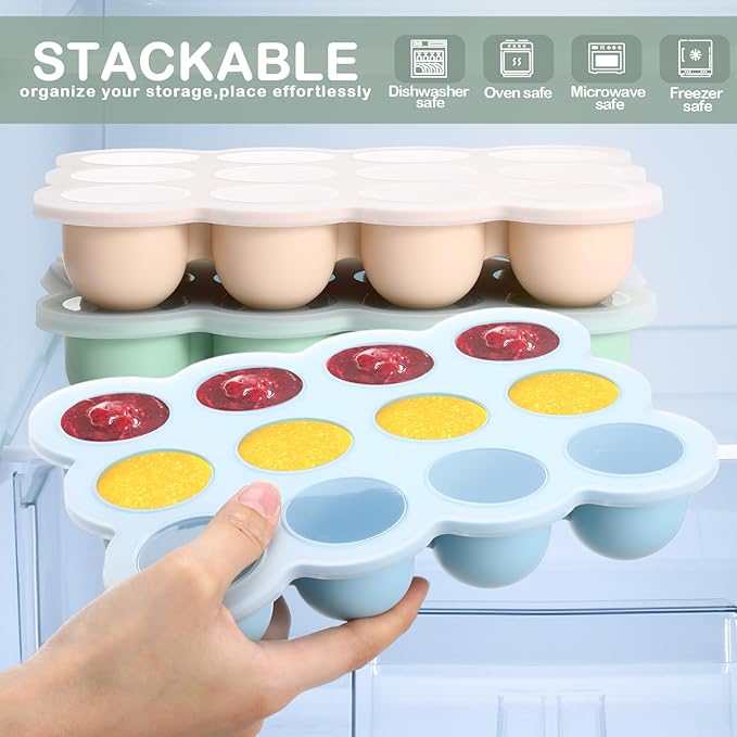 3 Pcs Baby Food Storage Container 12 Cup Silicone Baby Food Freezer Tray with Lid Stackable Reusable Silicone Freezer Tray for Food Vegetable Fruit Puree and Breast Milk(Colorful)-CubbioJoy