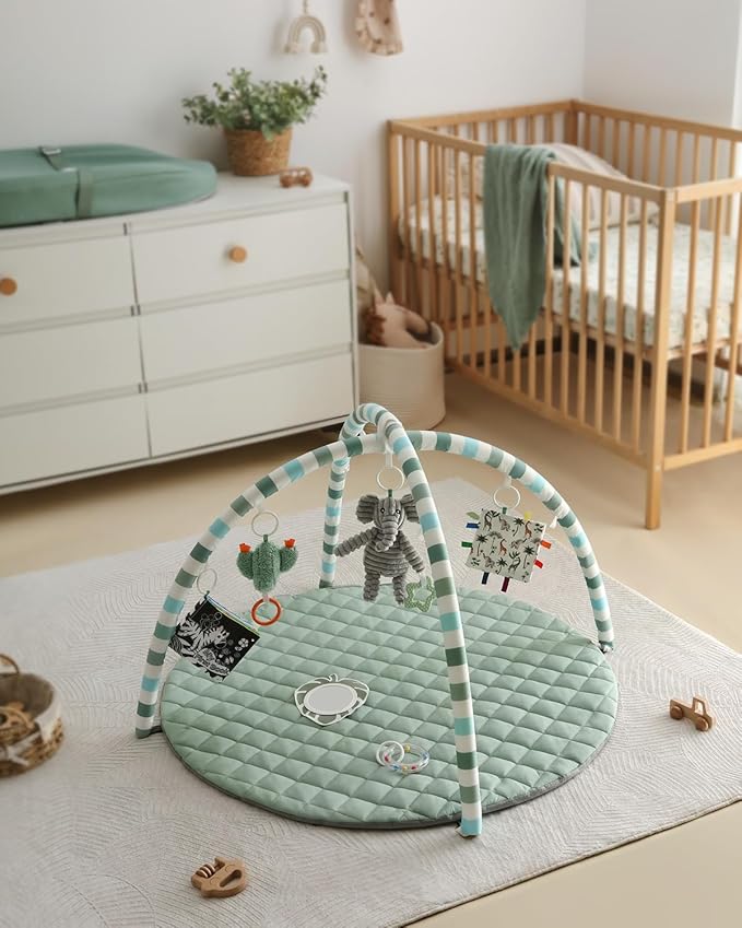 Blissful Diary Baby Play Gym Mat, Play Mat Activity Mat with 6 Detachable Toys for Stage-Based Sensory & Motor Skill Development, Easy to Install & Clean, Baby Essentials Gift, Sage Green-CubbioJoy