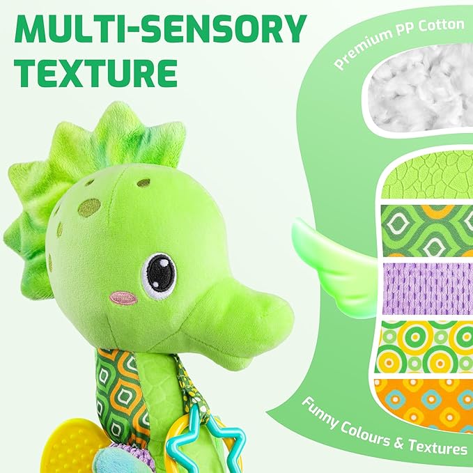 Sumobaby Infant Baby Musical Stuffed Animal Activity Soft Toys with Multi-Sensory Crinkle, Rattle and Textures, for Tummy Time Newborn 0-3-6-12 Months Boys, Girls, Seahorses, Green-CubbioJoy