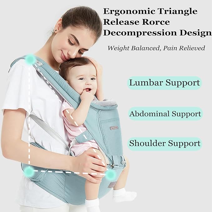 Baby Carrier, 3-in-1 Baby Carrier Newborn to Toddler with Hip Seat (Ergonomic M Position) for 0-36 Month/7-45lbs, Adjustable Size for Enhanced Lumbar Support,Perfect for On-The-go,Light Cyan-CubbioJoy