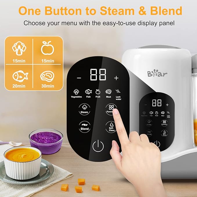 BEAR 2024 Baby Food Maker | One Step Baby Food Processor Steamer Puree Blender | Auto Cooking & Grinding | Baby Food Puree Maker with Self Cleans | Touch Screen Control, White-CubbioJoy