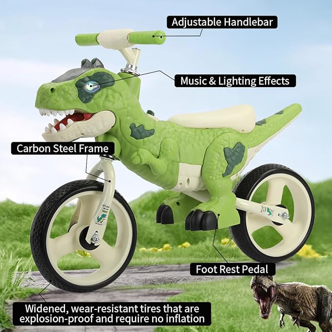Dinosaur-Themed Toddler Balance Bike Toys for 2-7 Year Old Girls & Boys - Music & Lighting Effects, No-Pedal Training Bike, Best Gifts for Kids with Carbon Steel Frame & Adjustable Handlebar-CubbioJoy