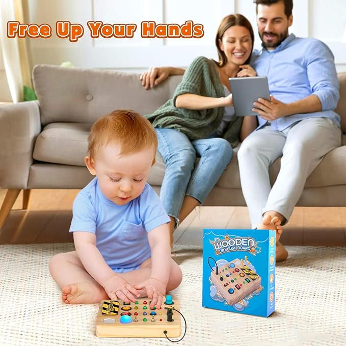Busy Board Montessori Toys for Toddler, Wooden Sensory Board Switch Toy with Shape Sorter LED Light Up Toys Educational Plane Travel Activity for Girls & Boys-CubbioJoy