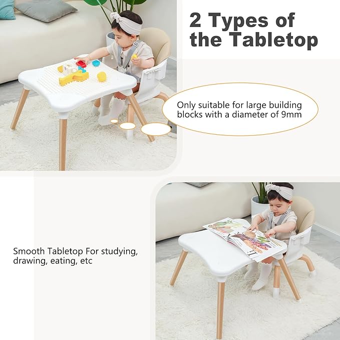Baby High Chair, 7 in 1 Convertible High Chairs for Babies and Toddlers, Kids Learning Table, Building Block Table, Toddler Dining Chair with 360° Rotating Seat, 5-Point Safety Harness (Khaki)-CubbioJoy