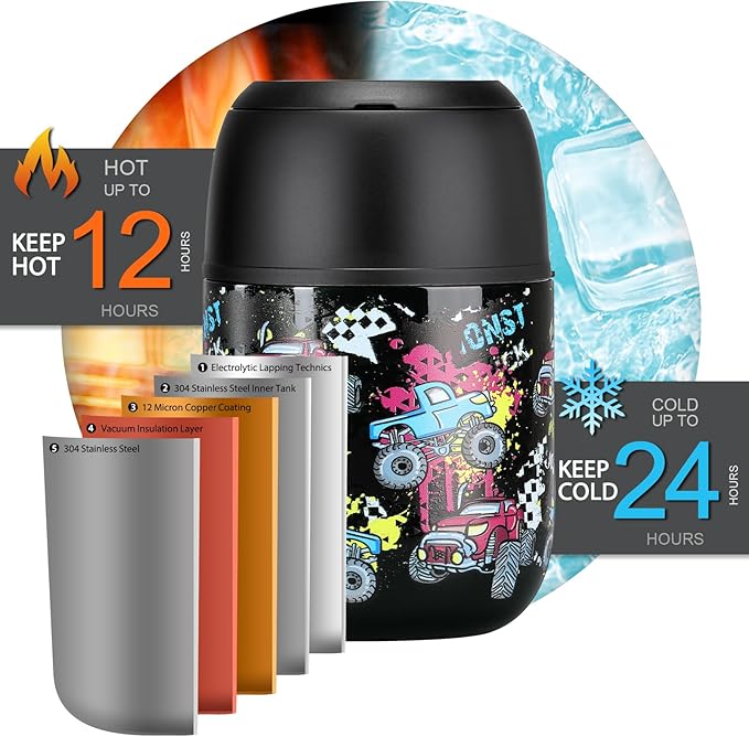 17 oz Insulated Lunch Containers Hot Food Jar, Wide Mouth Lunch Thermo for Kids Adults, Vacuum Stainless Steel Lunch Box With Handle Folding Spoon for School, Office Black - Car-CubbioJoy