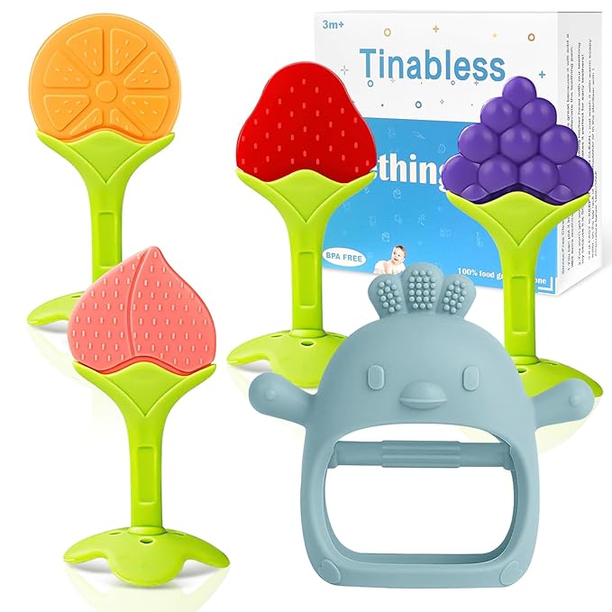 Baby Teething Toys(5 Pack) - Tinabless Infant Teething Keys&Silicone Teething Mitten for Babies Over 3 Months, BPA-Free, Natural Organic Freezer Safe for Infants and Toddlers(Blue)-CubbioJoy