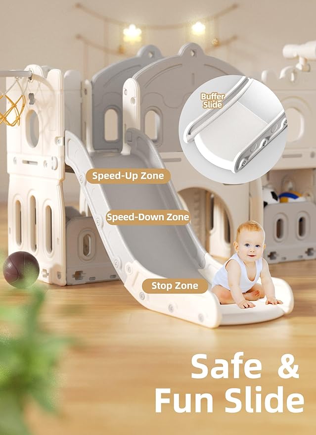 8 in 1 Toddler Slide Set, Kids Slide for Toddlers Age 1-3, Toddler Climber Slide PlaySet with Basketball Hoop,Outdoor Indoor Playground for Toddlers 1-3, White Gray-CubbioJoy