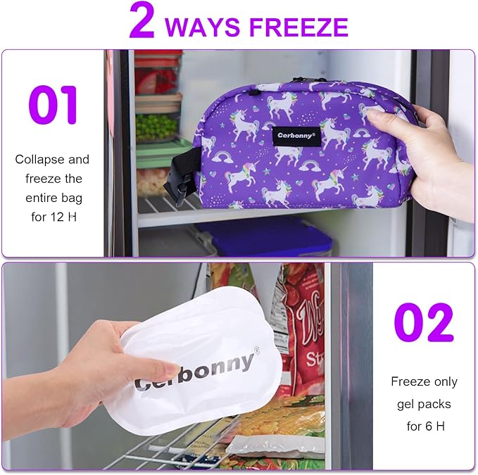 Cerbonny Small Freezable Cooler Bag for Work, School, Travel - Insulated Lunch Bag for Kids/Adults, Mini Size Fits Yogurt - Suitable for 3+ (Purple Unicorn)-CubbioJoy