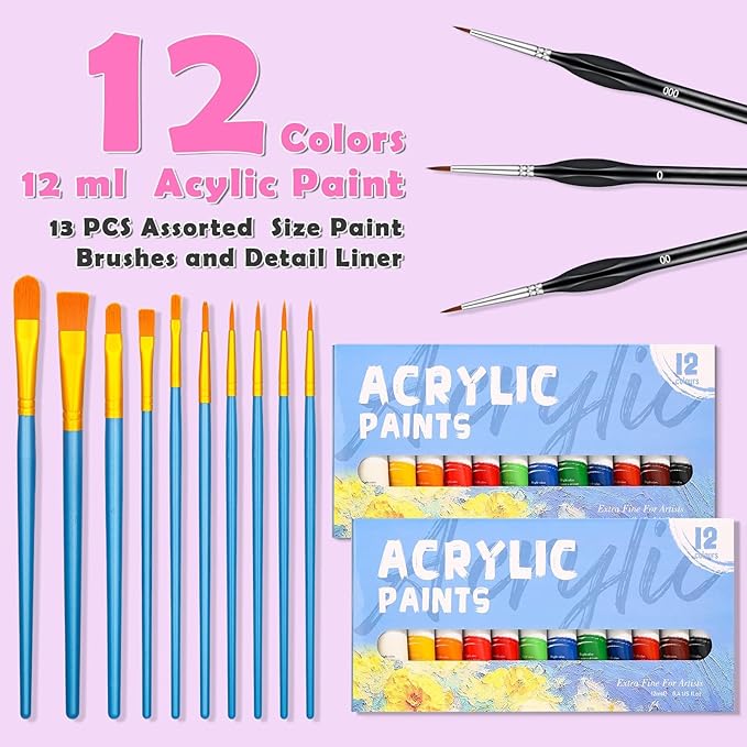 Date Night Painting Kit, 62 Pcs Detail Paint Brushes Canvas Panels with Wood Easel 12 Colors Acrylic Paint, Circular Canvas Art Aprons Sip and Paint Supplies for Adults, Kids, and Beginner-CubbioJoy